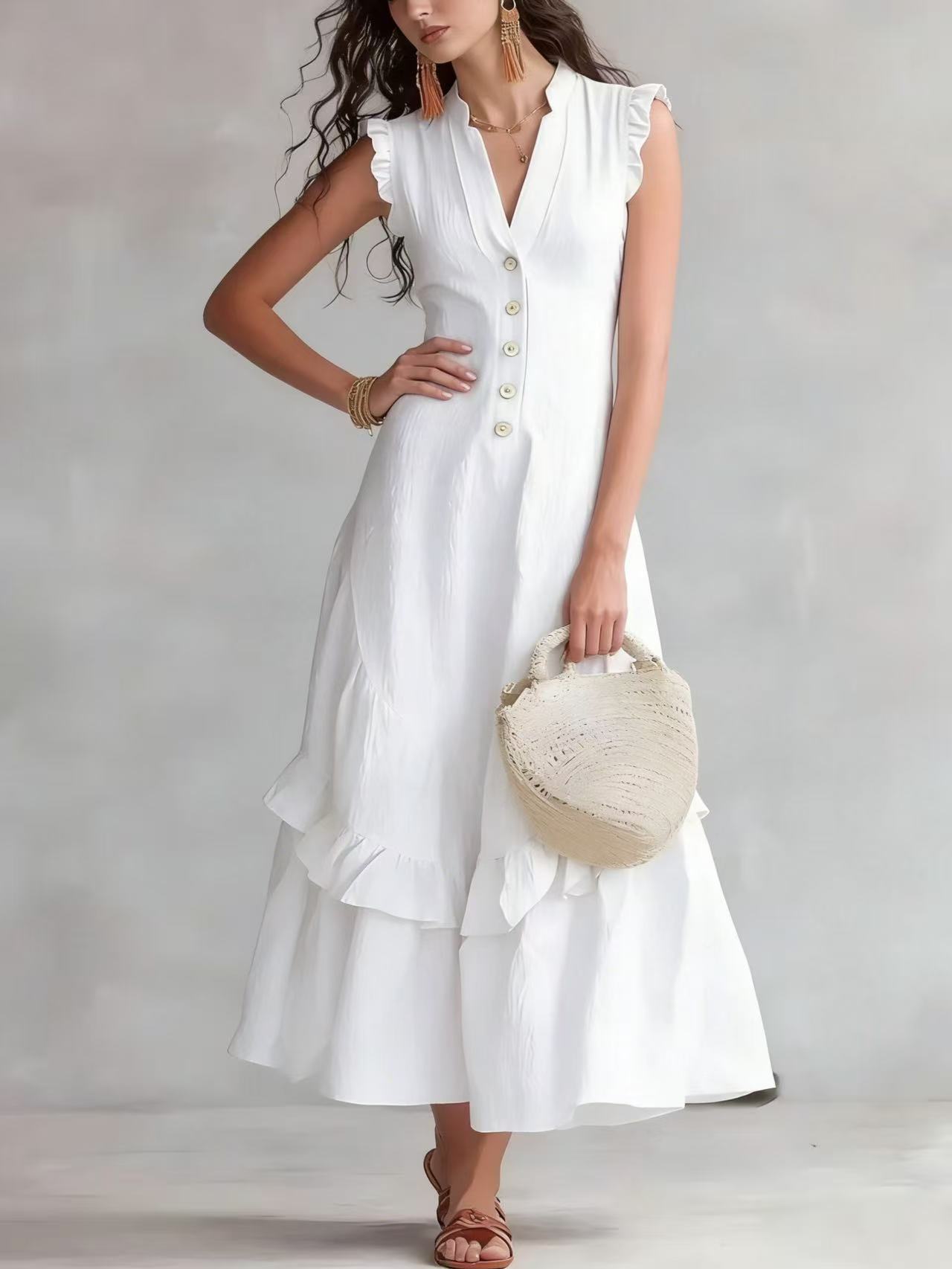 Boho Flowy Sleeveless Maxi Dress V-Neck Button-Front Ruffle Hem A-Line Skirt